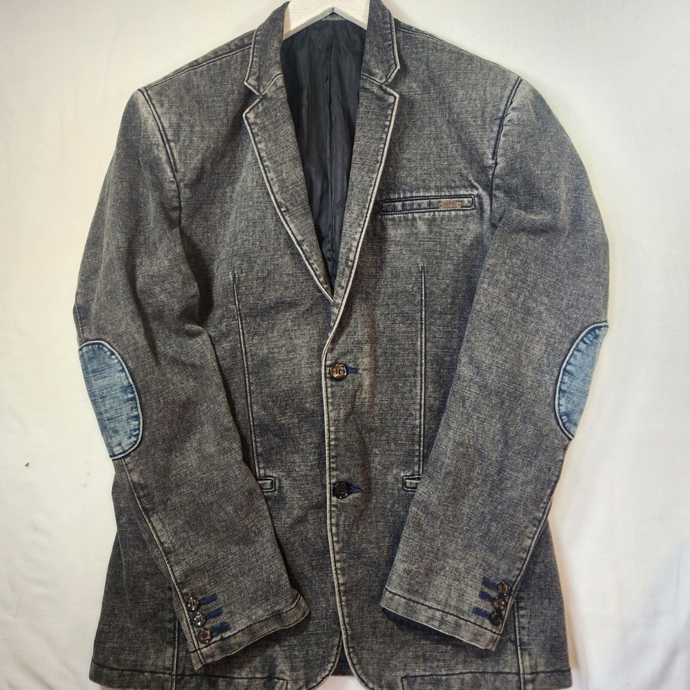 Mens World Grey Acid Wash Denim Blazer Sport Coat with Elbow Patches Size M